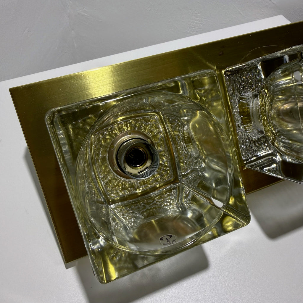 2x Peill & Putzler Wandlampe Eisglas Messing 70er Jahre Design Leuchte Kristallglas Paar Showroom Ansbach