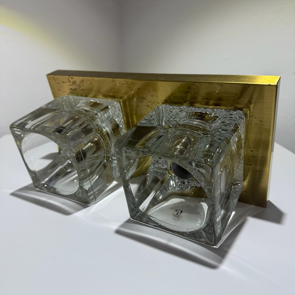 2x Peill & Putzler Wandlampe Eisglas Messing 70er Jahre Design Leuchte Kristallglas Paar Showroom Ansbach