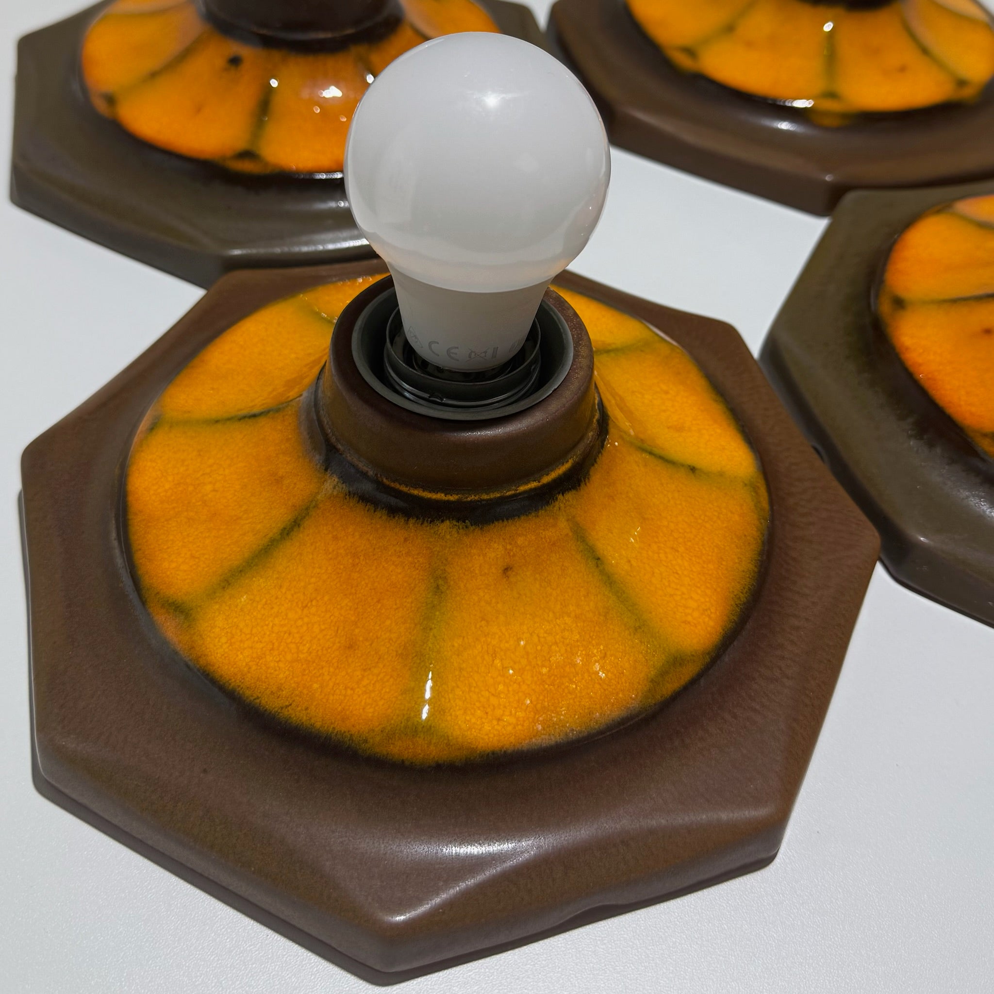 4x Vintage Keramik Wandleuchte Deckenleuchte Fat Lava 70er Orange Braun Set Showroom Ansbach