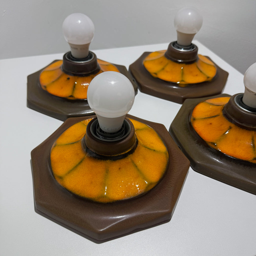 4x Vintage Keramik Wandleuchte Deckenleuchte Fat Lava 70er Orange Braun Set Showroom Ansbach