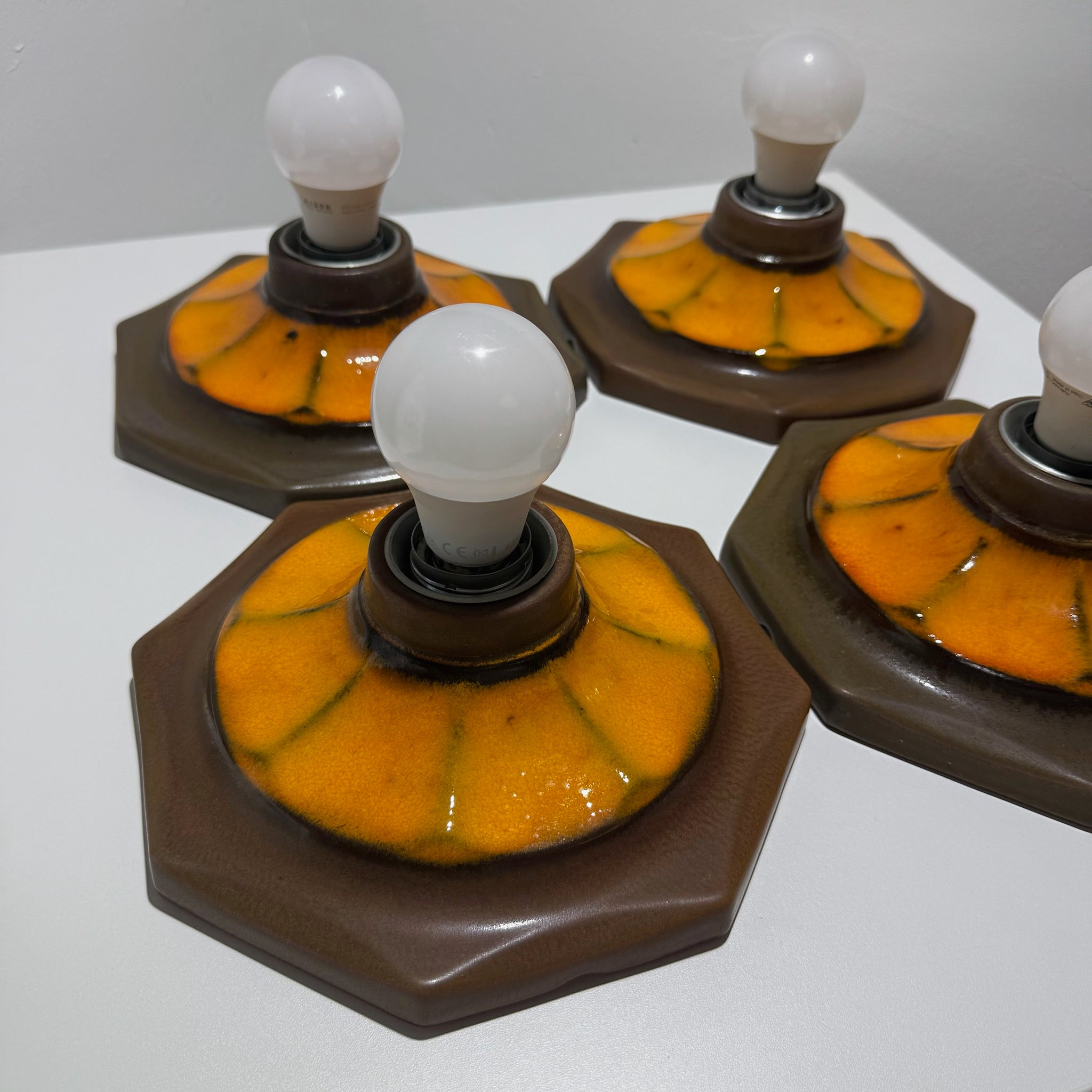 4x Vintage Keramik Wandleuchte Deckenleuchte Fat Lava 70er Orange Braun Set Showroom Ansbach
