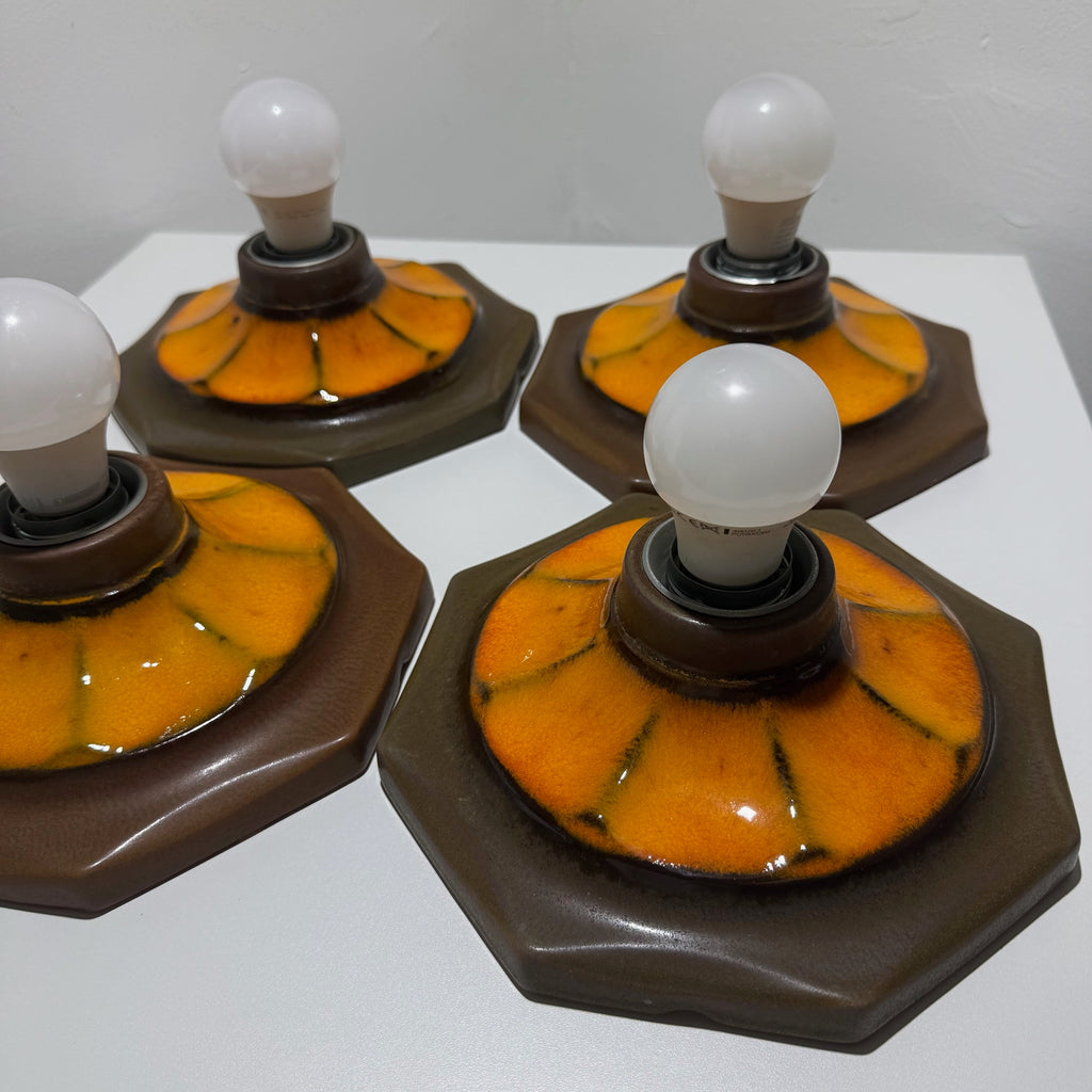 4x Vintage Keramik Wandleuchte Deckenleuchte Fat Lava 70er Orange Braun Set Showroom Ansbach