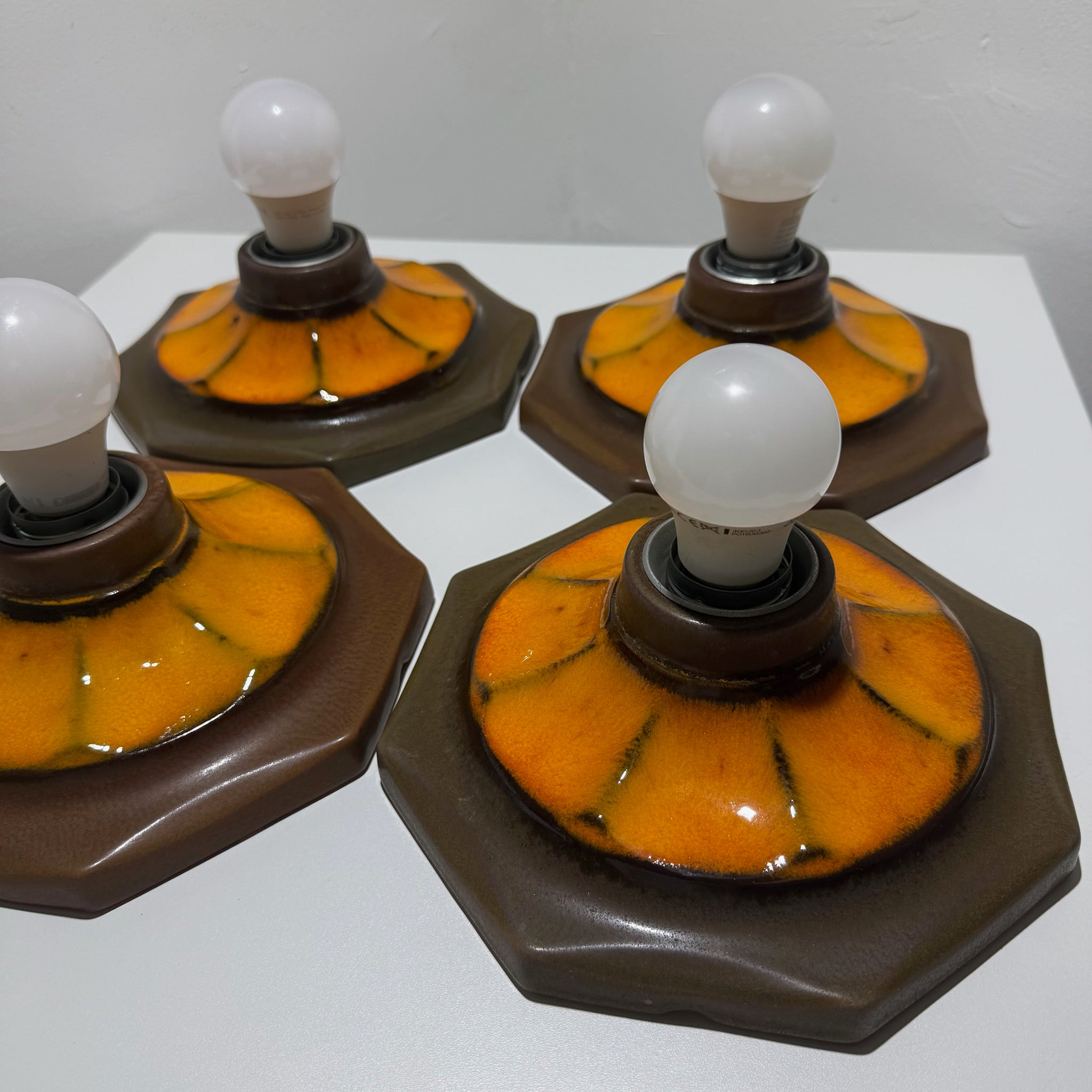 4x Vintage Keramik Wandleuchte Deckenleuchte Fat Lava 70er Orange Braun Set Showroom Ansbach