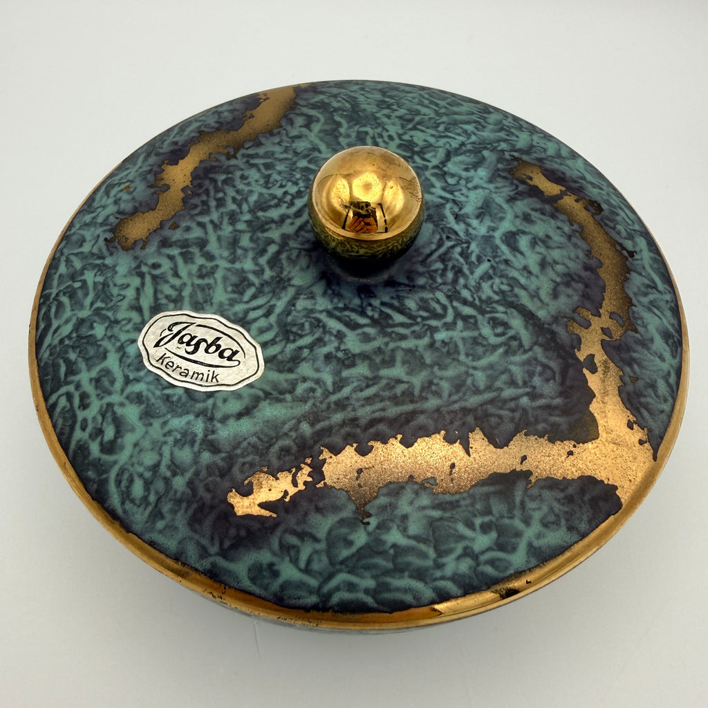 Jasba Keramik Deckeldose Bonbonniere 1950er/60er Effektglasur Türkis Gold West Germany Ø 13 cm Jasba