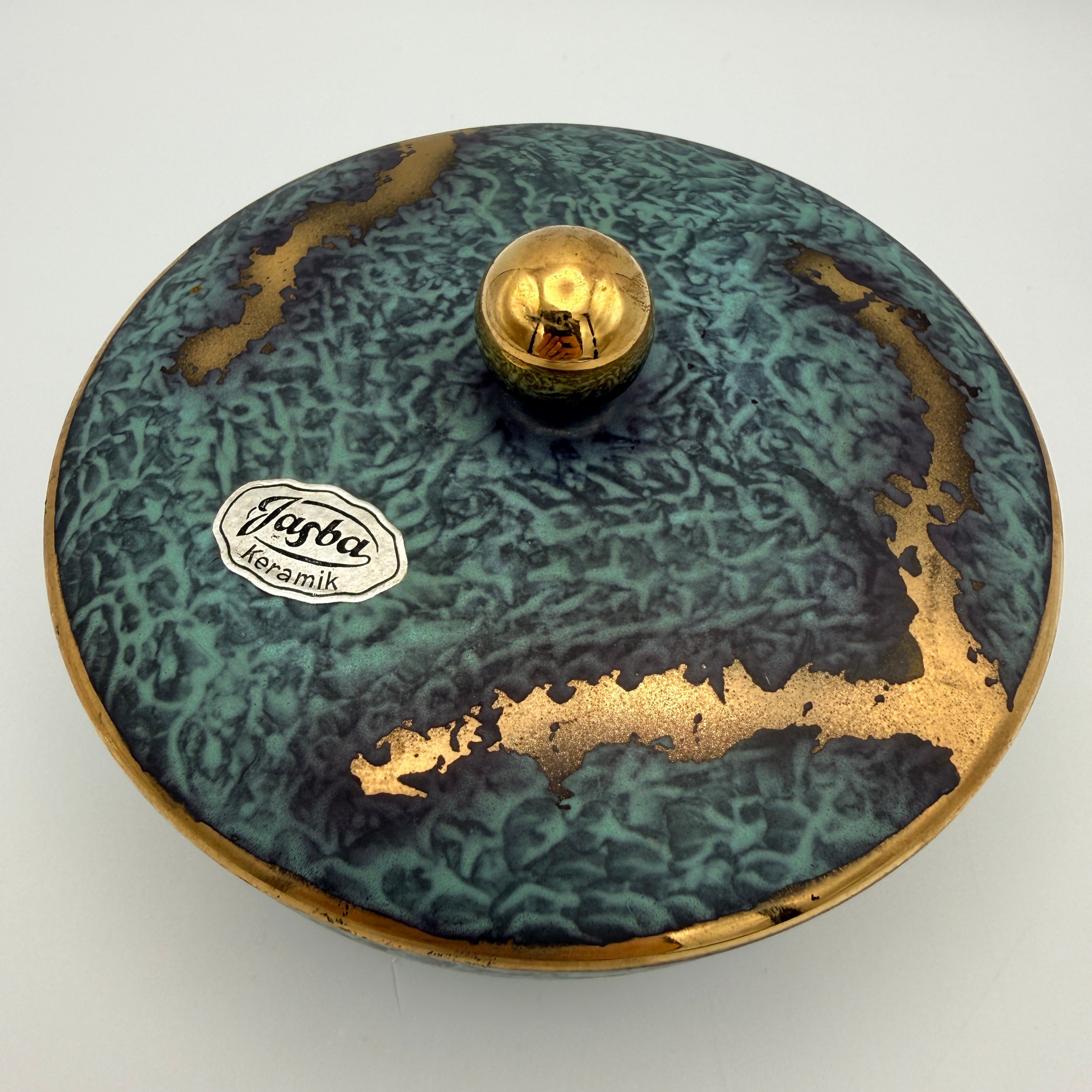 Jasba Keramik Deckeldose Bonbonniere 1950er/60er Effektglasur Türkis Gold West Germany Ø 13 cm Jasba