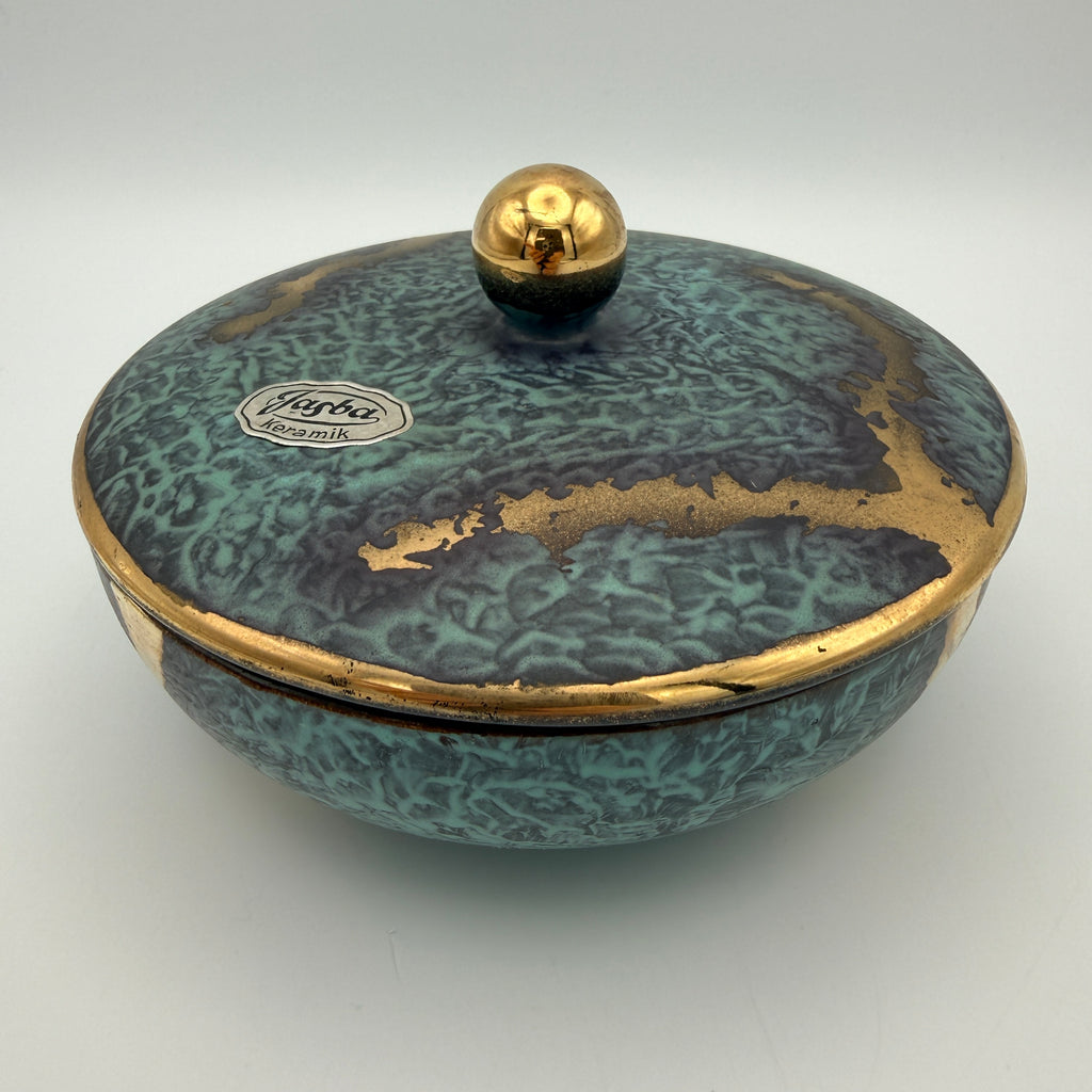 Jasba Keramik Deckeldose Bonbonniere 1950er/60er Effektglasur Türkis Gold West Germany Ø 13 cm Jasba