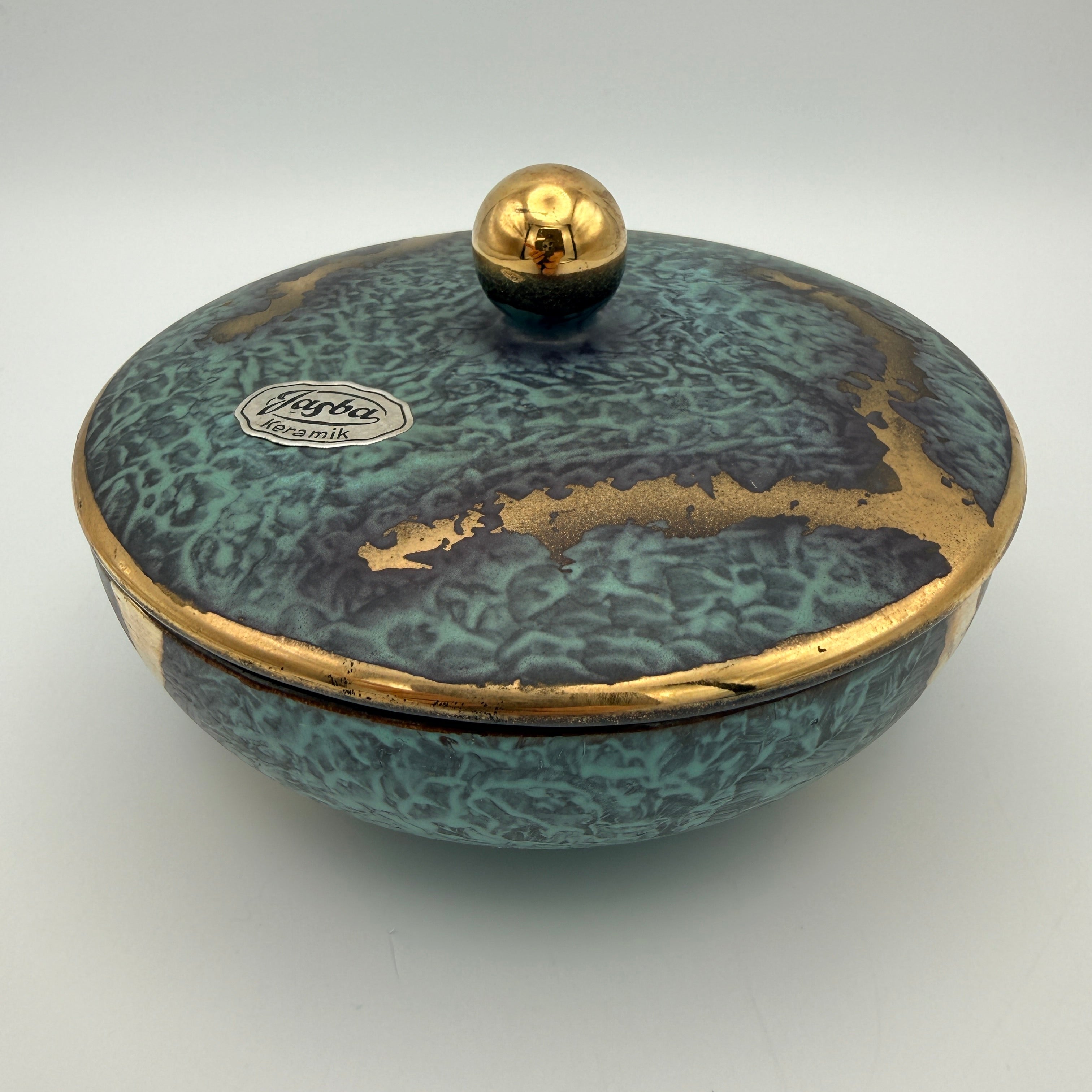 Jasba Keramik Deckeldose Bonbonniere 1950er/60er Effektglasur Türkis Gold West Germany Ø 13 cm Jasba