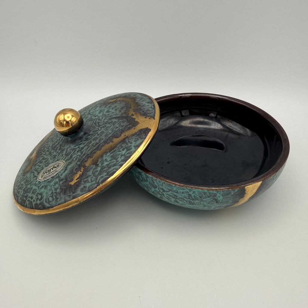 Jasba Keramik Deckeldose Bonbonniere 1950er/60er Effektglasur Türkis Gold West Germany Ø 13 cm Jasba
