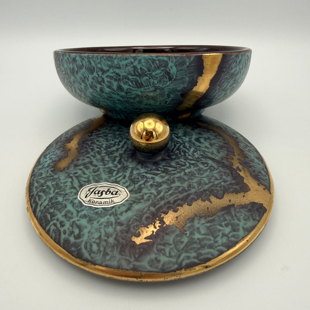 Jasba Keramik Deckeldose Bonbonniere 1950er/60er Effektglasur Türkis Gold West Germany Ø 13 cm Jasba