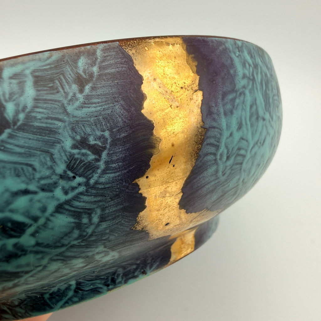Jasba Keramik Deckeldose Bonbonniere 1950er/60er Effektglasur Türkis Gold West Germany Ø 13 cm Jasba