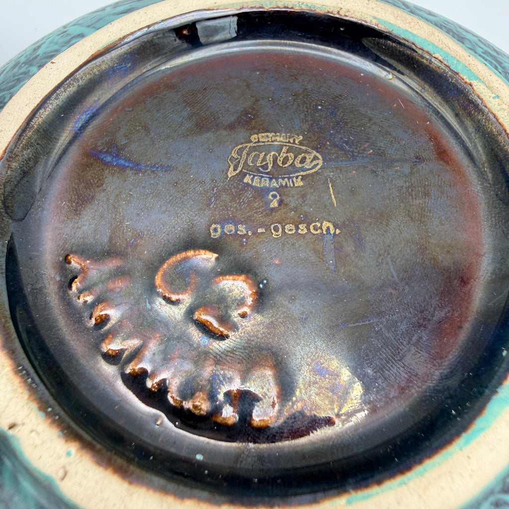 Jasba Keramik Deckeldose Bonbonniere 1950er/60er Effektglasur Türkis Gold West Germany Ø 13 cm Jasba