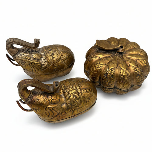 3 indische Messingdosen Elefant Kürbis handgraviert Vintage Showroom Ansbach