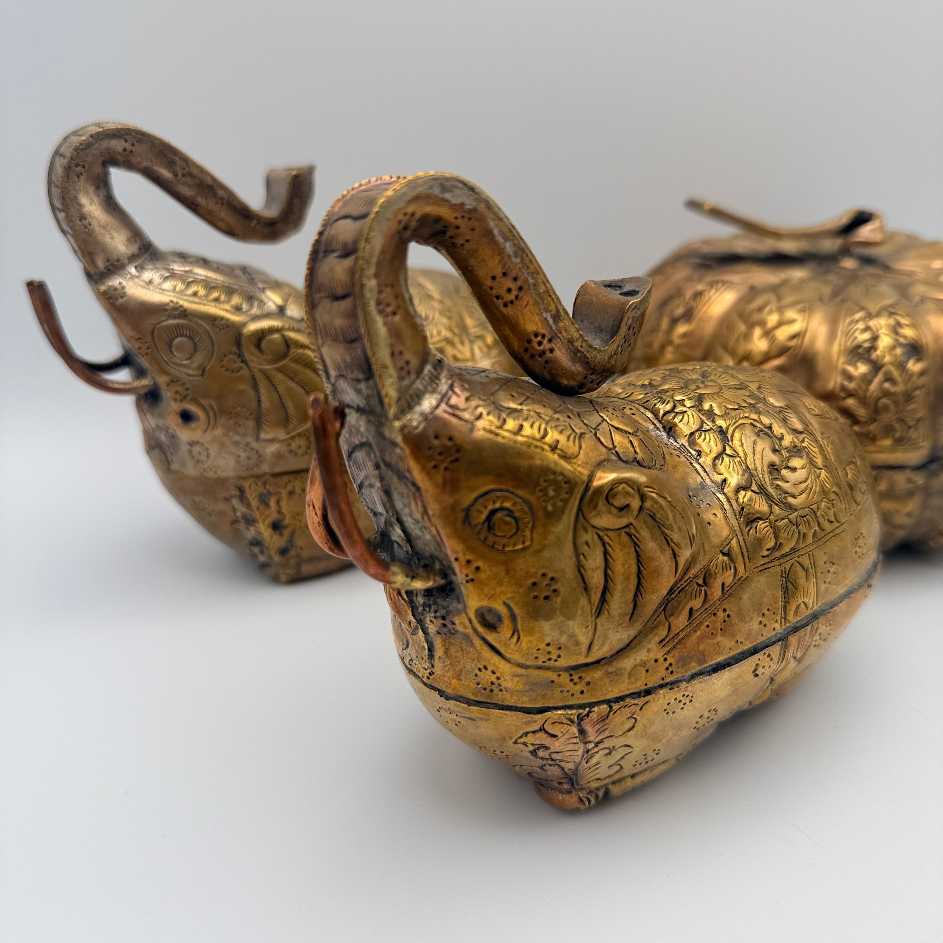 3 indische Messingdosen Elefant Kürbis handgraviert Vintage Showroom Ansbach