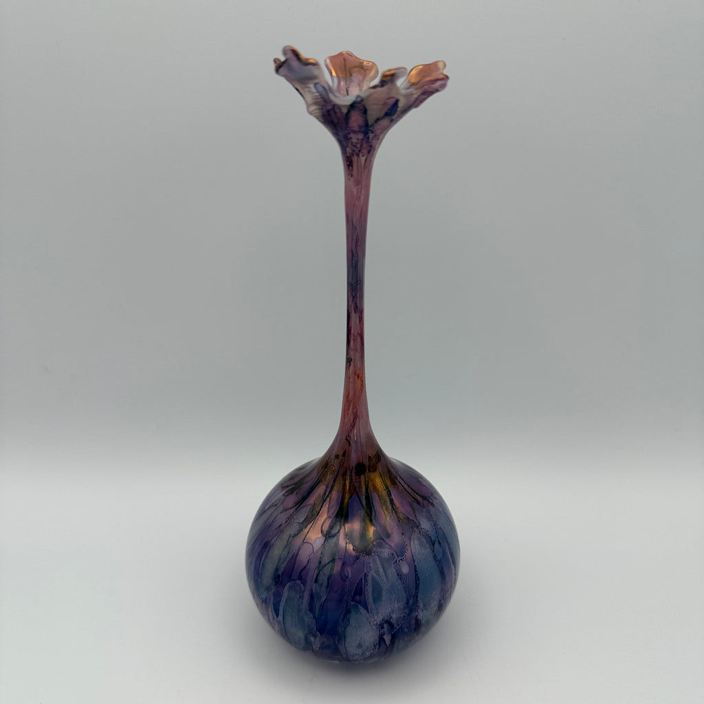 Seemann Studioglas Vase 1981 I Blau Lila Blütenrand Vintage Kunstglas Seemann