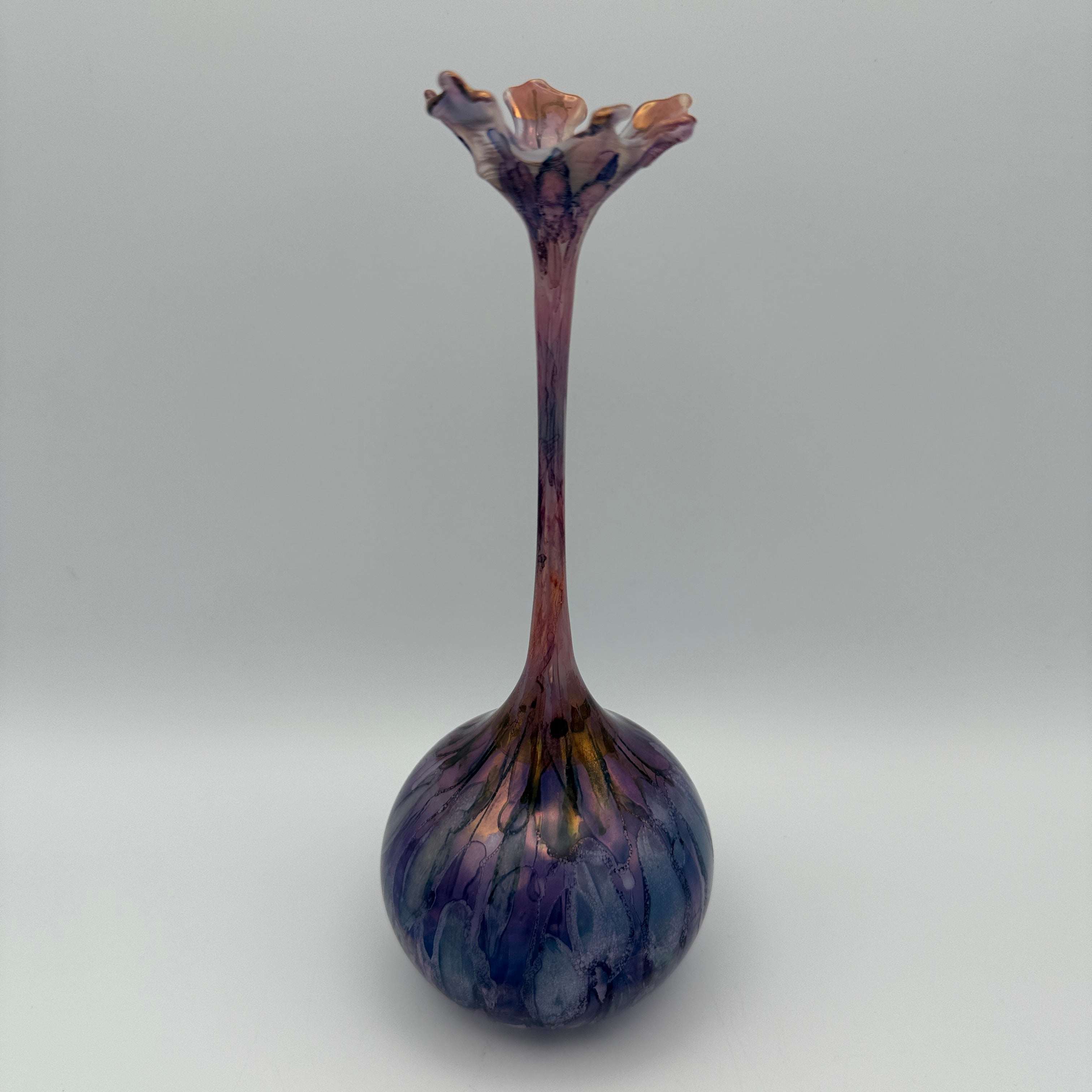Seemann Studioglas Vase 1981 I Blau Lila Blütenrand Vintage Kunstglas Seemann
