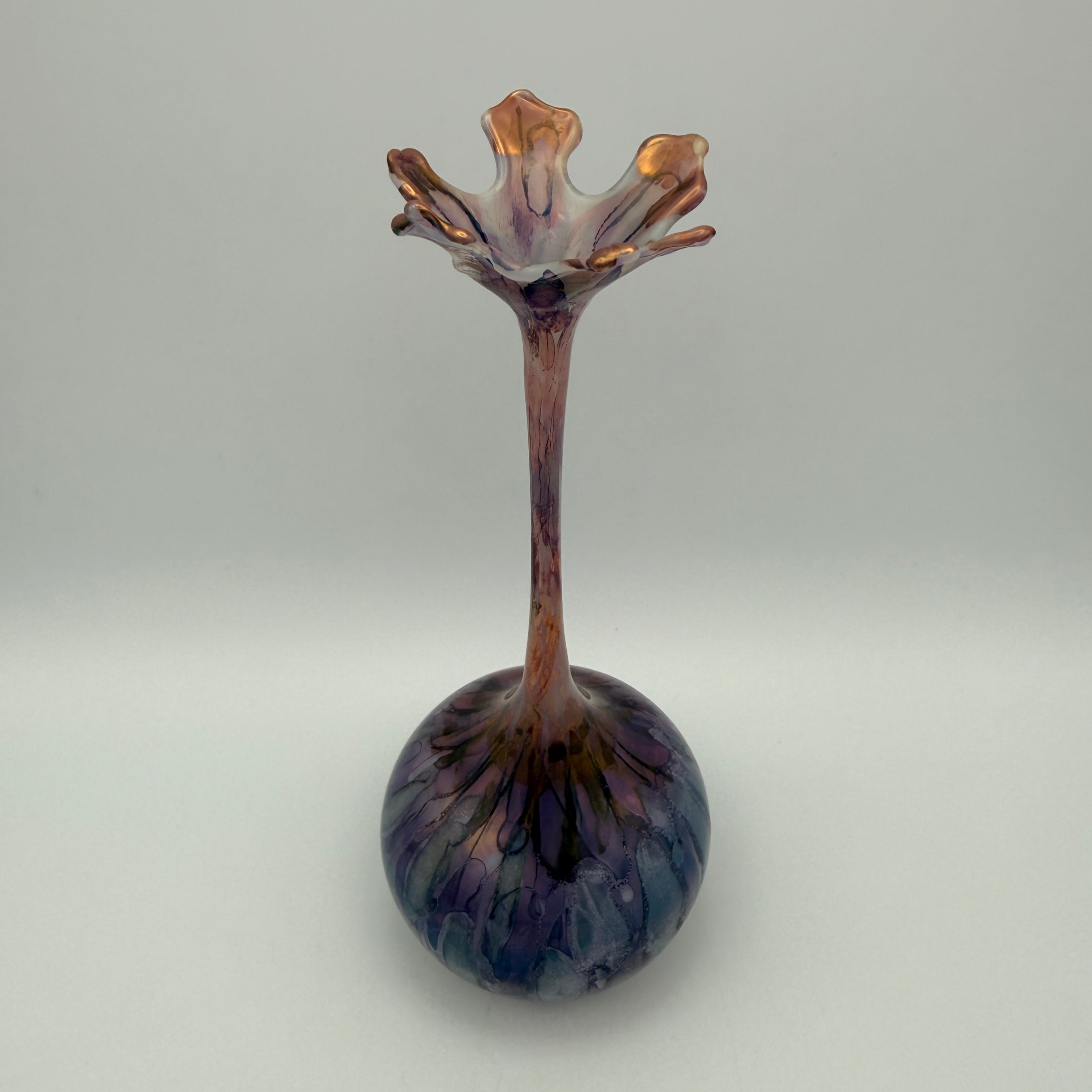 Seemann Studioglas Vase 1981 I Blau Lila Blütenrand Vintage Kunstglas Seemann