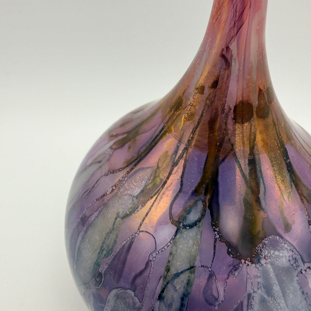 Seemann Studioglas Vase 1981 I Blau Lila Blütenrand Vintage Kunstglas Seemann