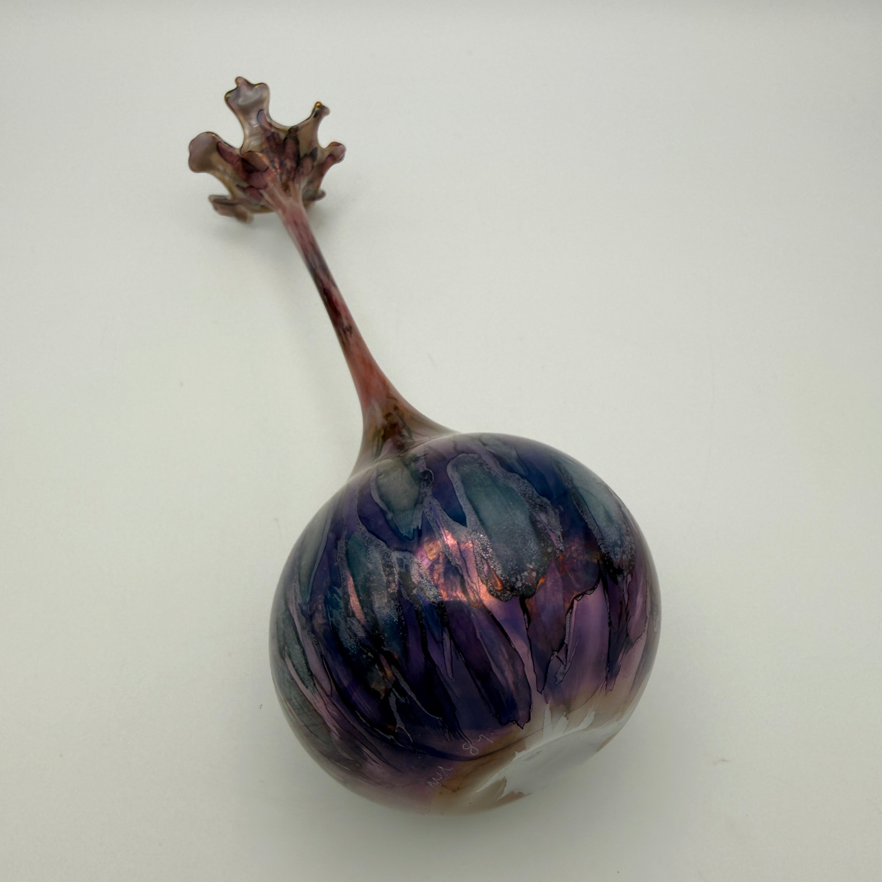 Seemann Studioglas Vase 1981 I Blau Lila Blütenrand Vintage Kunstglas Seemann