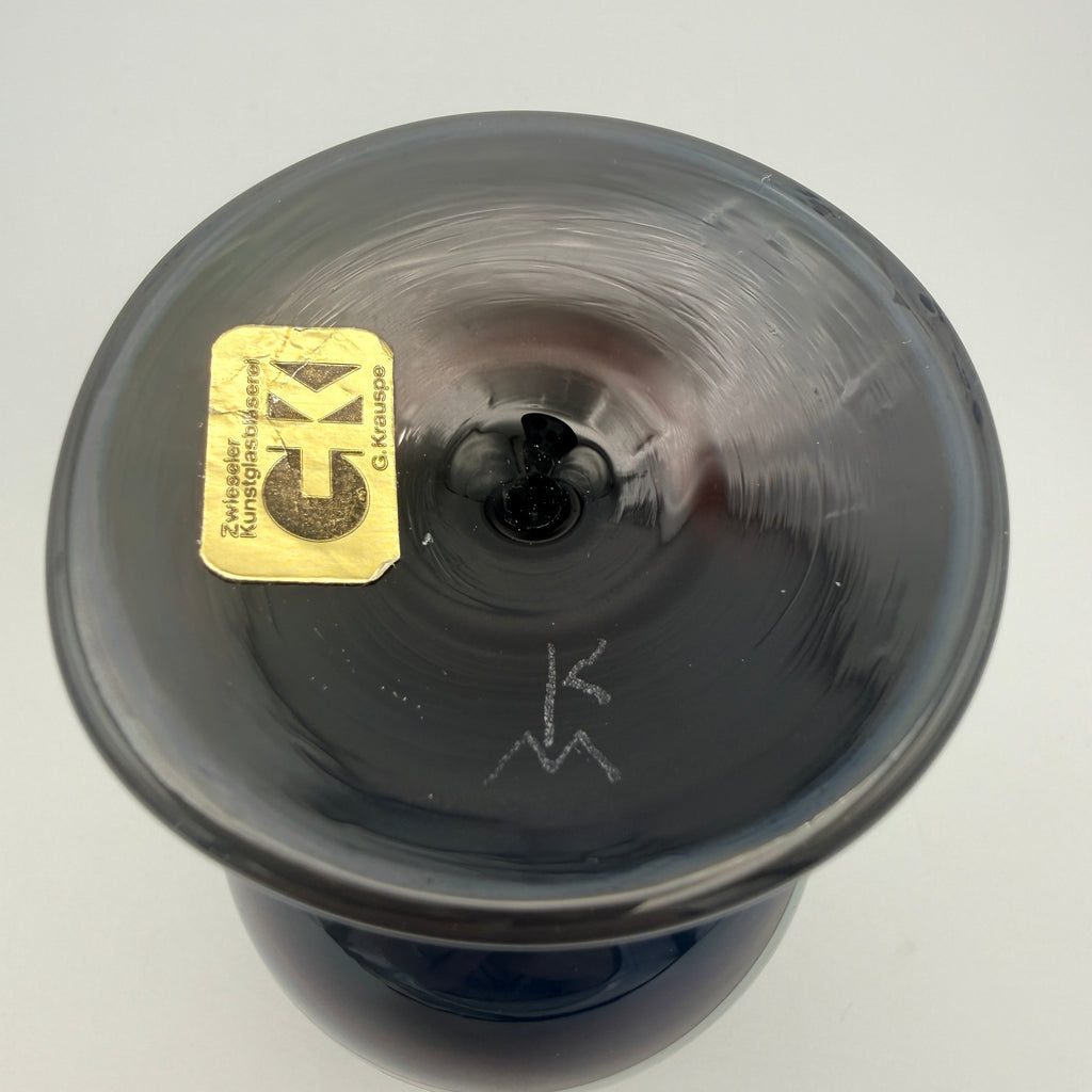 Krauspe Zwiesel Kelch Glas Mundgeblasen I Irisierend Blau Signiert Vintage Glasbläserei G. Krauspe