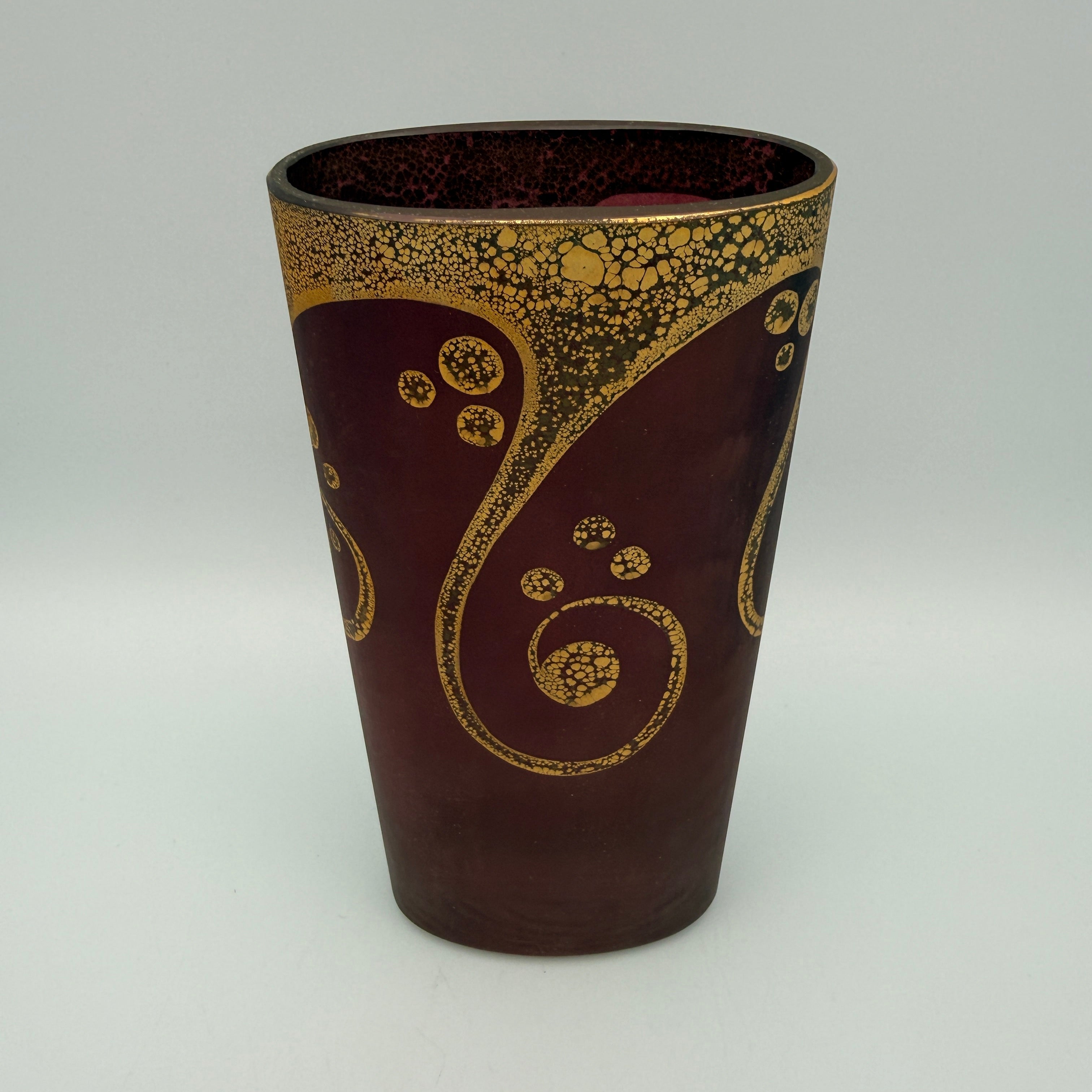 Glasvase Oval Weinrot Gold I Jugendstil-Stil Dekovase Satinglas Vintage Showroom Ansbach