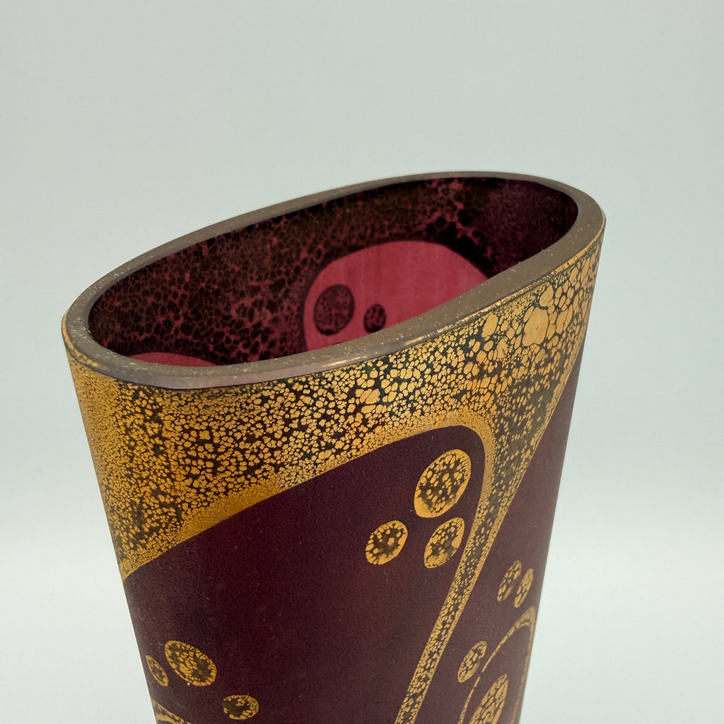 Glasvase Oval Weinrot Gold I Jugendstil-Stil Dekovase Satinglas Vintage Showroom Ansbach