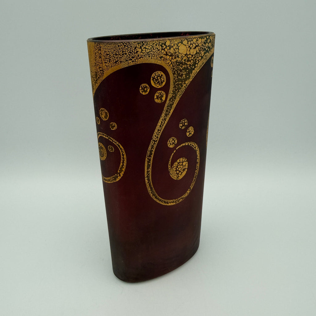 Glasvase Oval Weinrot Gold I Jugendstil-Stil Dekovase Satinglas Vintage Showroom Ansbach