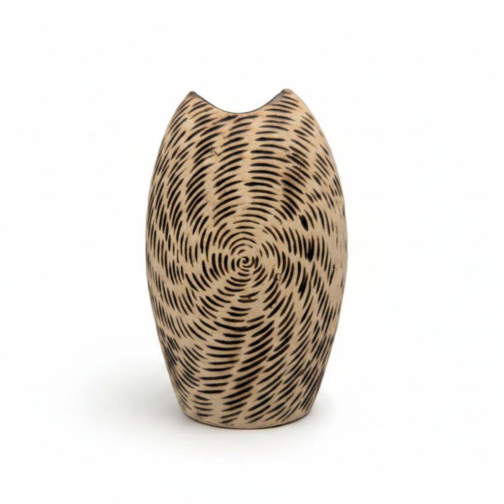 Moderne Kunstkeramik Vase Beige Braun I Spiraldekor Organisch Vintage 1980 Showroom Ansbach