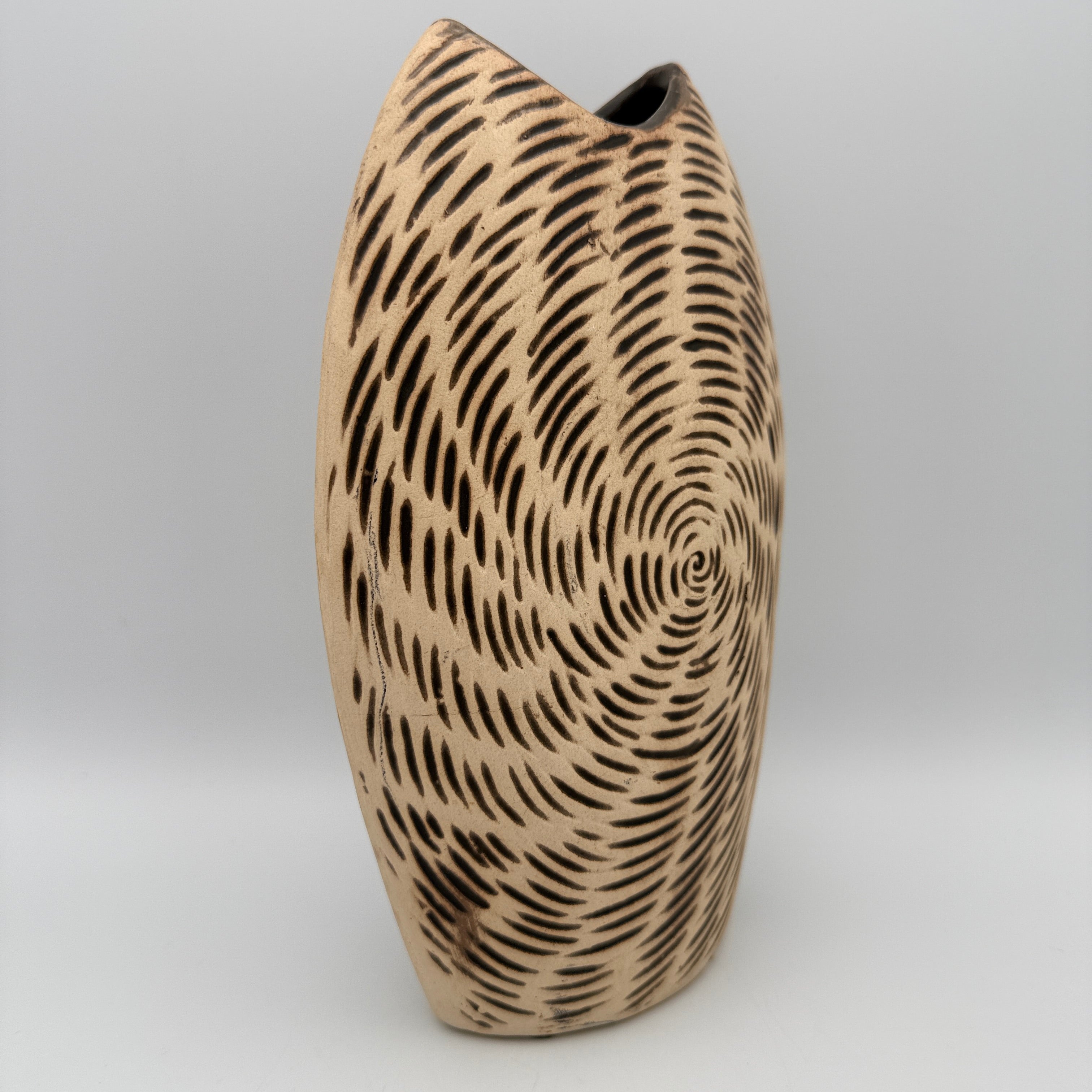 Moderne Kunstkeramik Vase Beige Braun I Spiraldekor Organisch Vintage 1980 Showroom Ansbach