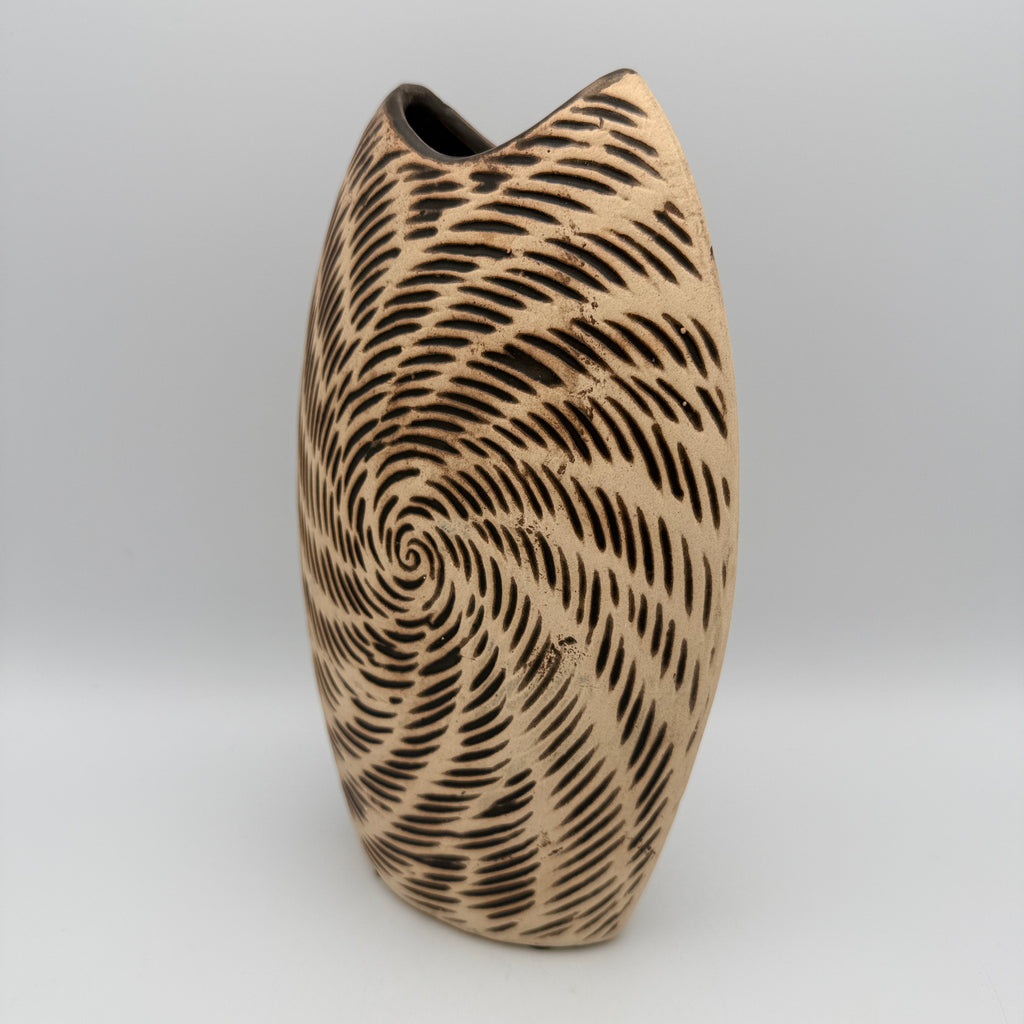 Moderne Kunstkeramik Vase Beige Braun I Spiraldekor Organisch Vintage 1980 Showroom Ansbach