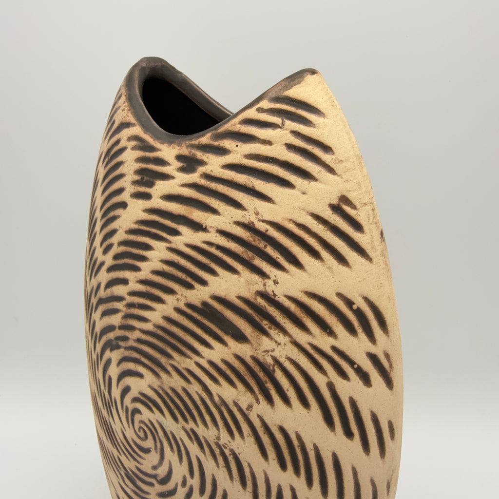 Moderne Kunstkeramik Vase Beige Braun I Spiraldekor Organisch Vintage 1980 Showroom Ansbach