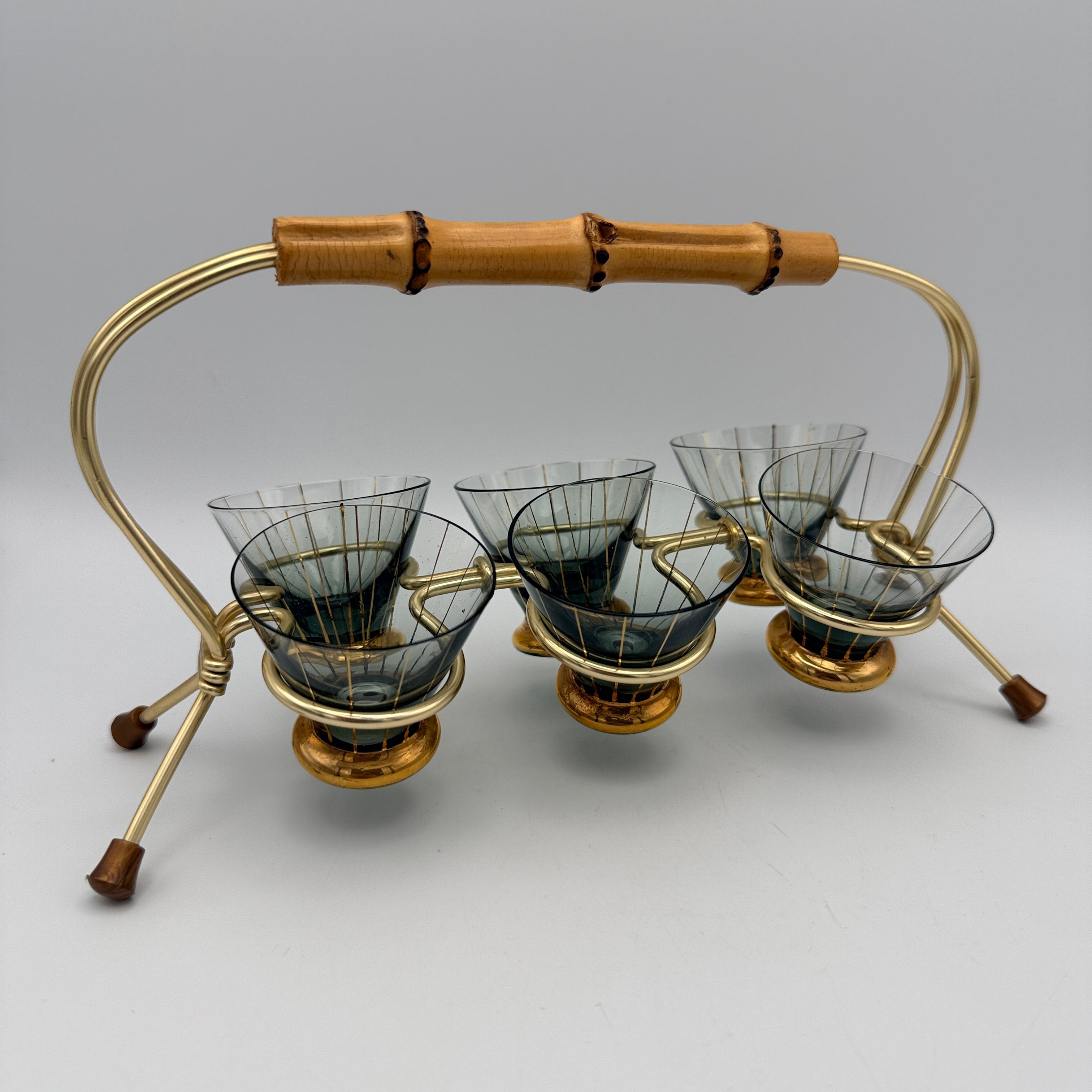6x Mid Century Likoerglaeser Set Messing Staender Bambus I Vintage 1950er Showroom Ansbach