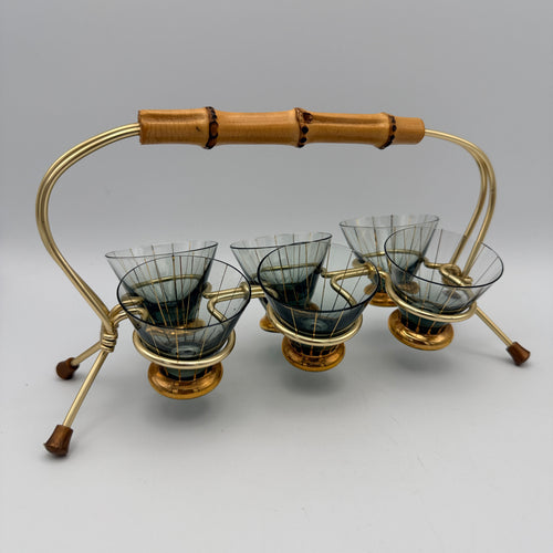 6x Mid Century Likoerglaeser Set Messing Staender Bambus I Vintage 1950er Showroom Ansbach