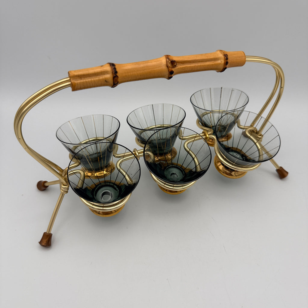 6x Mid Century Likoerglaeser Set Messing Staender Bambus I Vintage 1950er Showroom Ansbach
