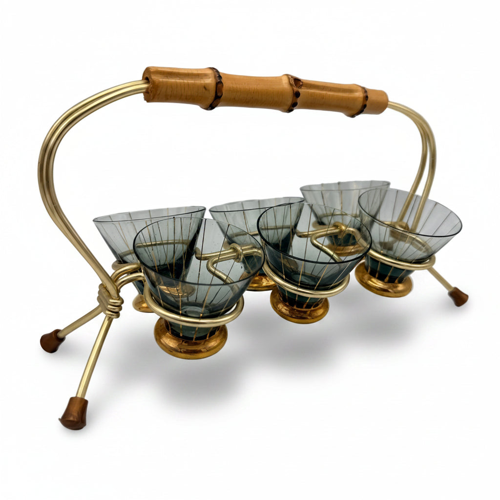 6x Mid Century Likoerglaeser Set Messing Staender Bambus I Vintage 1950er Showroom Ansbach
