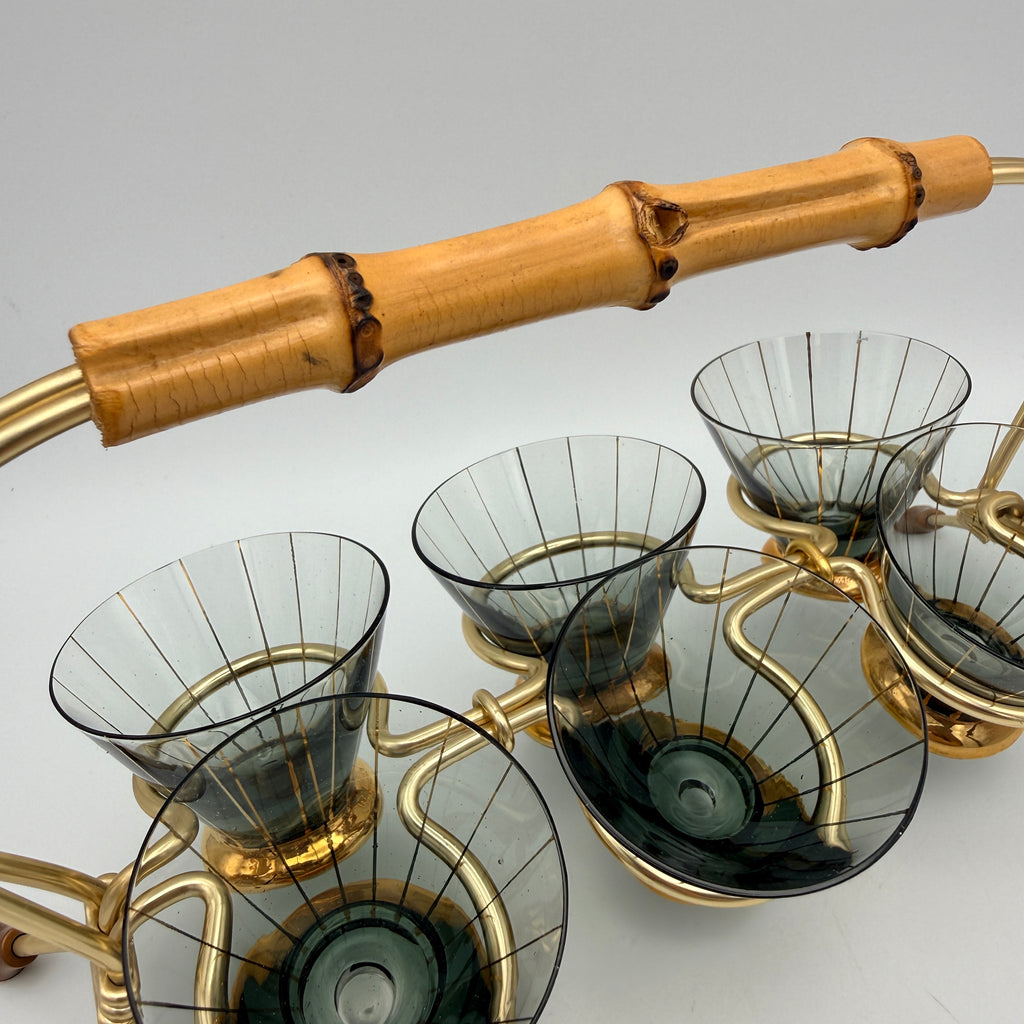 6x Mid Century Likoerglaeser Set Messing Staender Bambus I Vintage 1950er Showroom Ansbach