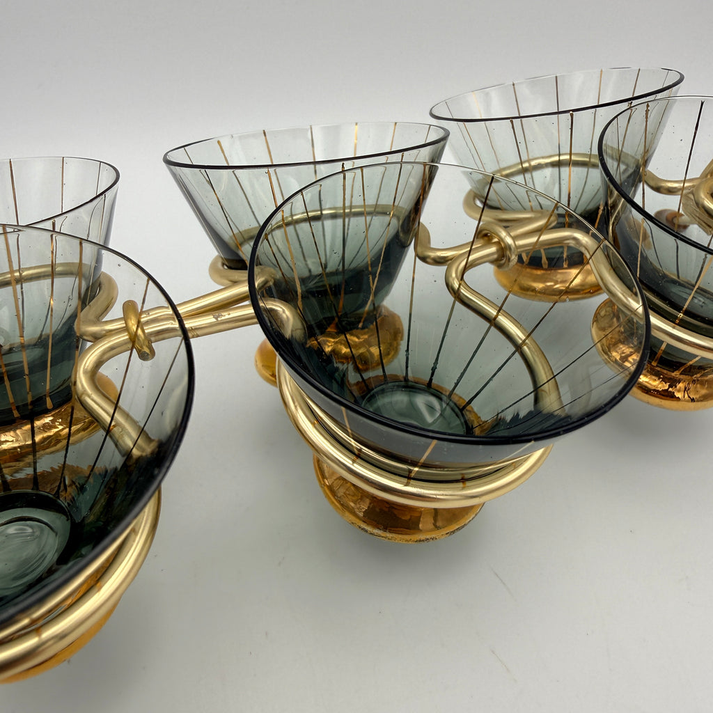 6x Mid Century Likoerglaeser Set Messing Staender Bambus I Vintage 1950er Showroom Ansbach