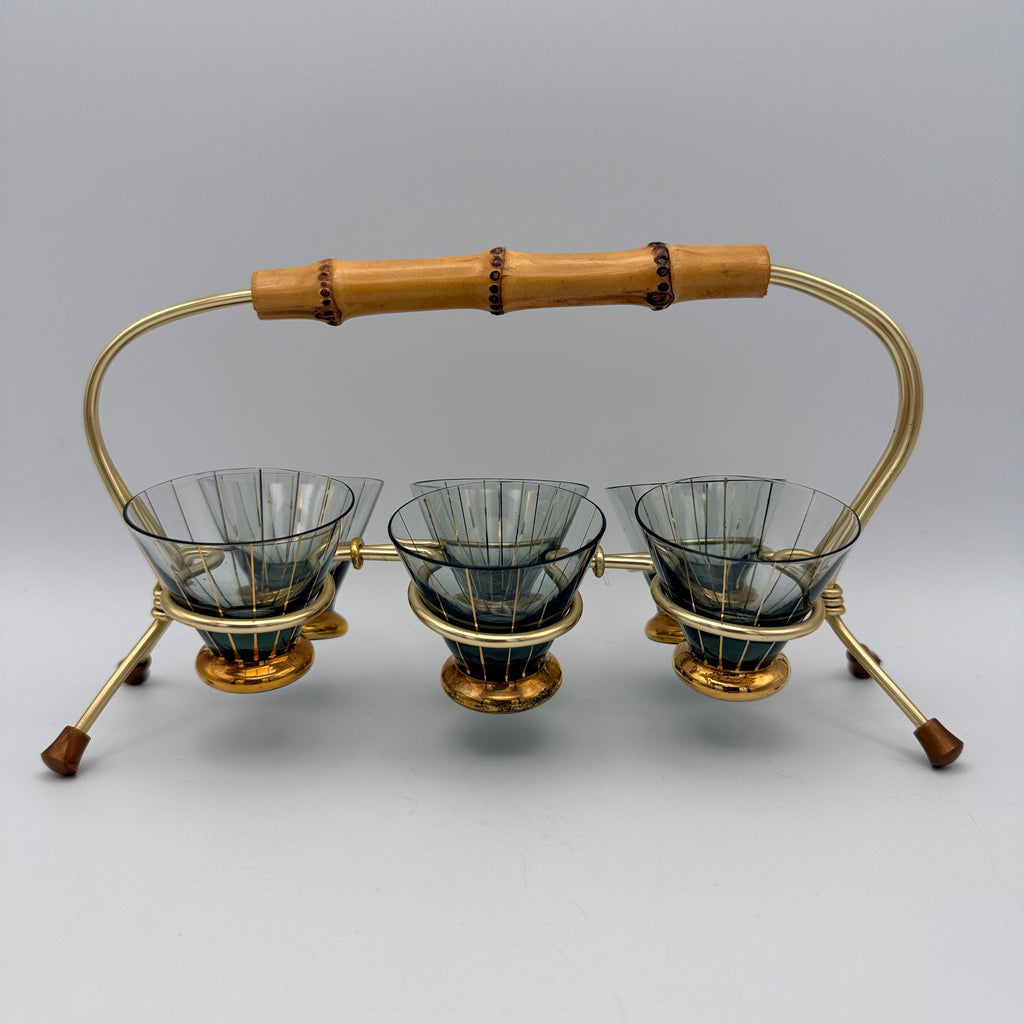 6x Mid Century Likoerglaeser Set Messing Staender Bambus I Vintage 1950er Showroom Ansbach