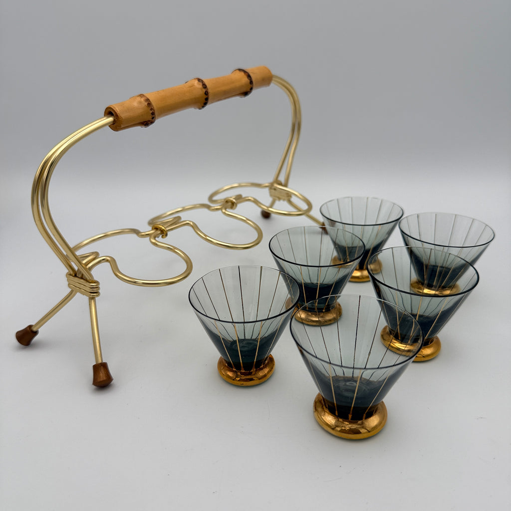 6x Mid Century Likoerglaeser Set Messing Staender Bambus I Vintage 1950er Showroom Ansbach