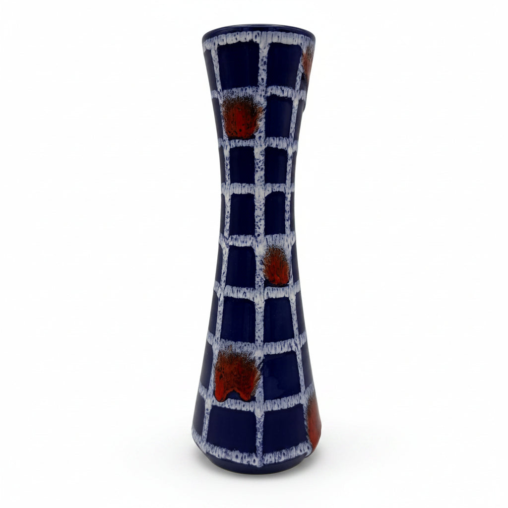 Ilkra Edelkeramik Vase 1035/25 Blau Rot Gitter Fat Lava Vintage 1960er Ilkra Edelkeramik