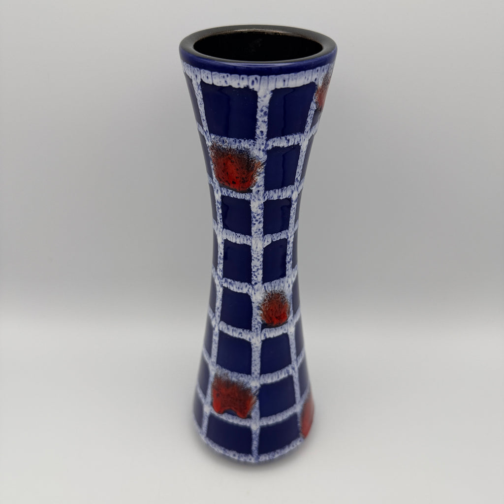 Ilkra Edelkeramik Vase 1035/25 Blau Rot Gitter Fat Lava Vintage 1960er Ilkra Edelkeramik