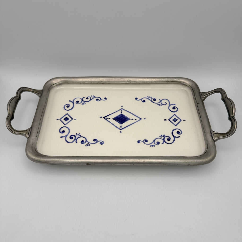 Italienisches Keramik Tablett Blau Weiss Handbemalt Metall Griff Vintage 1980 Showroom Ansbach