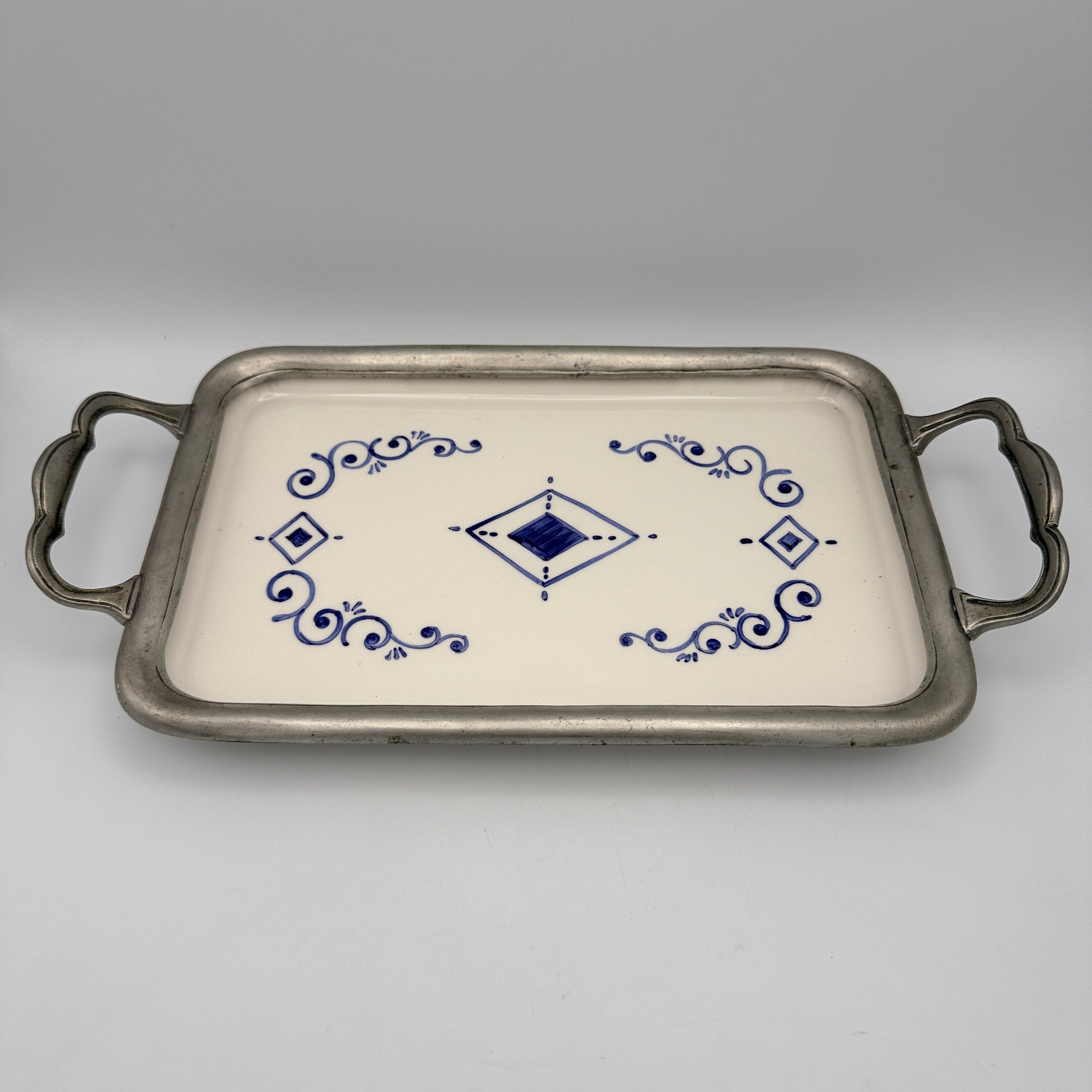 Italienisches Keramik Tablett Blau Weiss Handbemalt Metall Griff Vintage 1980 Showroom Ansbach