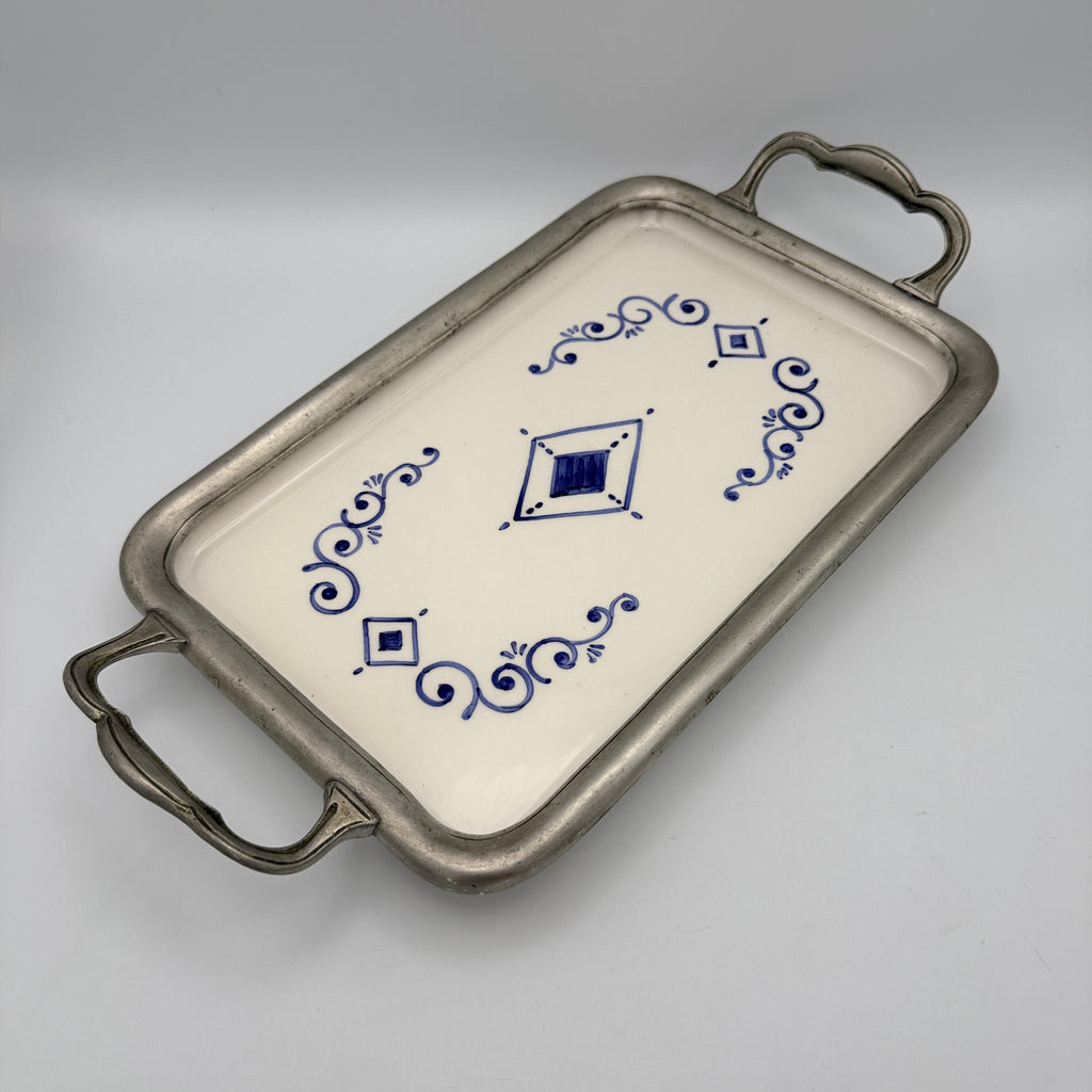 Italienisches Keramik Tablett Blau Weiss Handbemalt Metall Griff Vintage 1980 Showroom Ansbach
