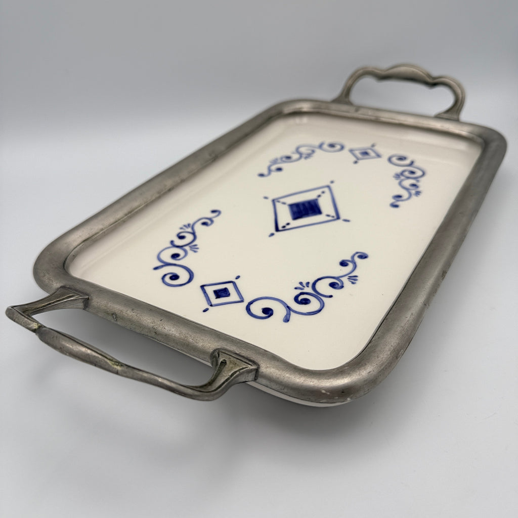 Italienisches Keramik Tablett Blau Weiss Handbemalt Metall Griff Vintage 1980 Showroom Ansbach