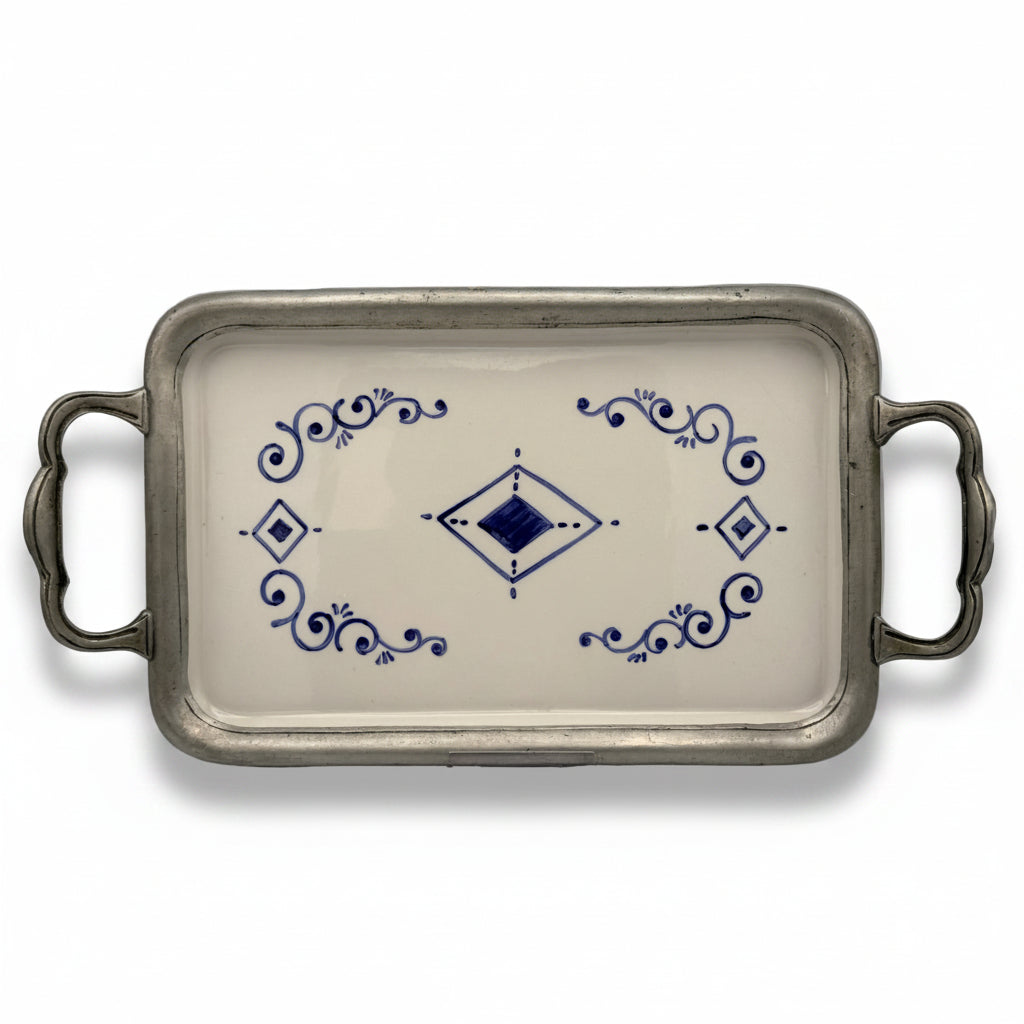 Italienisches Keramik Tablett Blau Weiss Handbemalt Metall Griff Vintage 1980 Showroom Ansbach