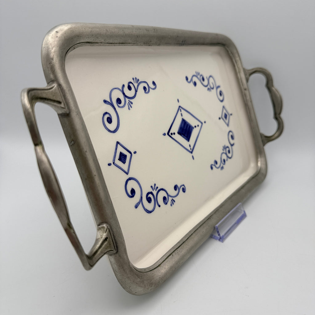 Italienisches Keramik Tablett Blau Weiss Handbemalt Metall Griff Vintage 1980 Showroom Ansbach