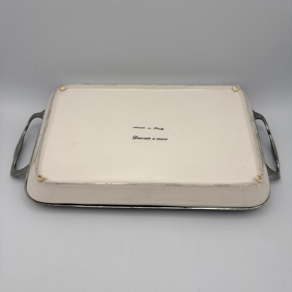 Italienisches Keramik Tablett Blau Weiss Handbemalt Metall Griff Vintage 1980 Showroom Ansbach