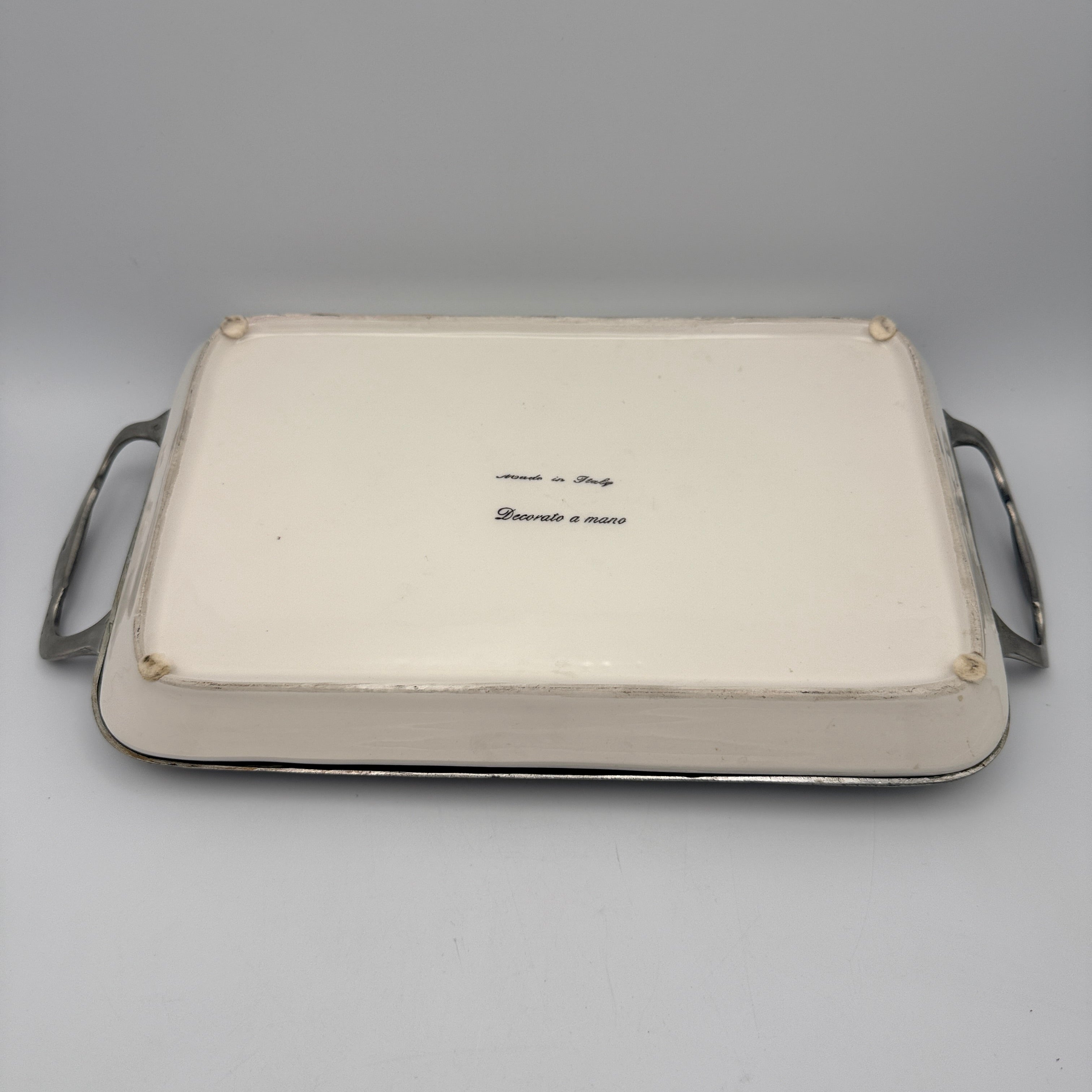 Italienisches Keramik Tablett Blau Weiss Handbemalt Metall Griff Vintage 1980 Showroom Ansbach