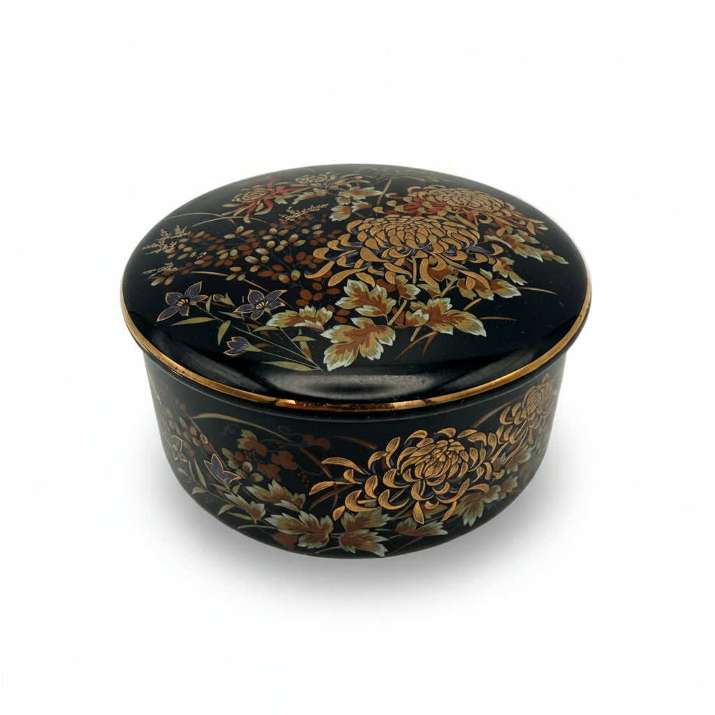 Imperial Kiku Japan Porzellan Dose Schwarz Gold Chrysantheme Vintage 1980 Imperial Kiku