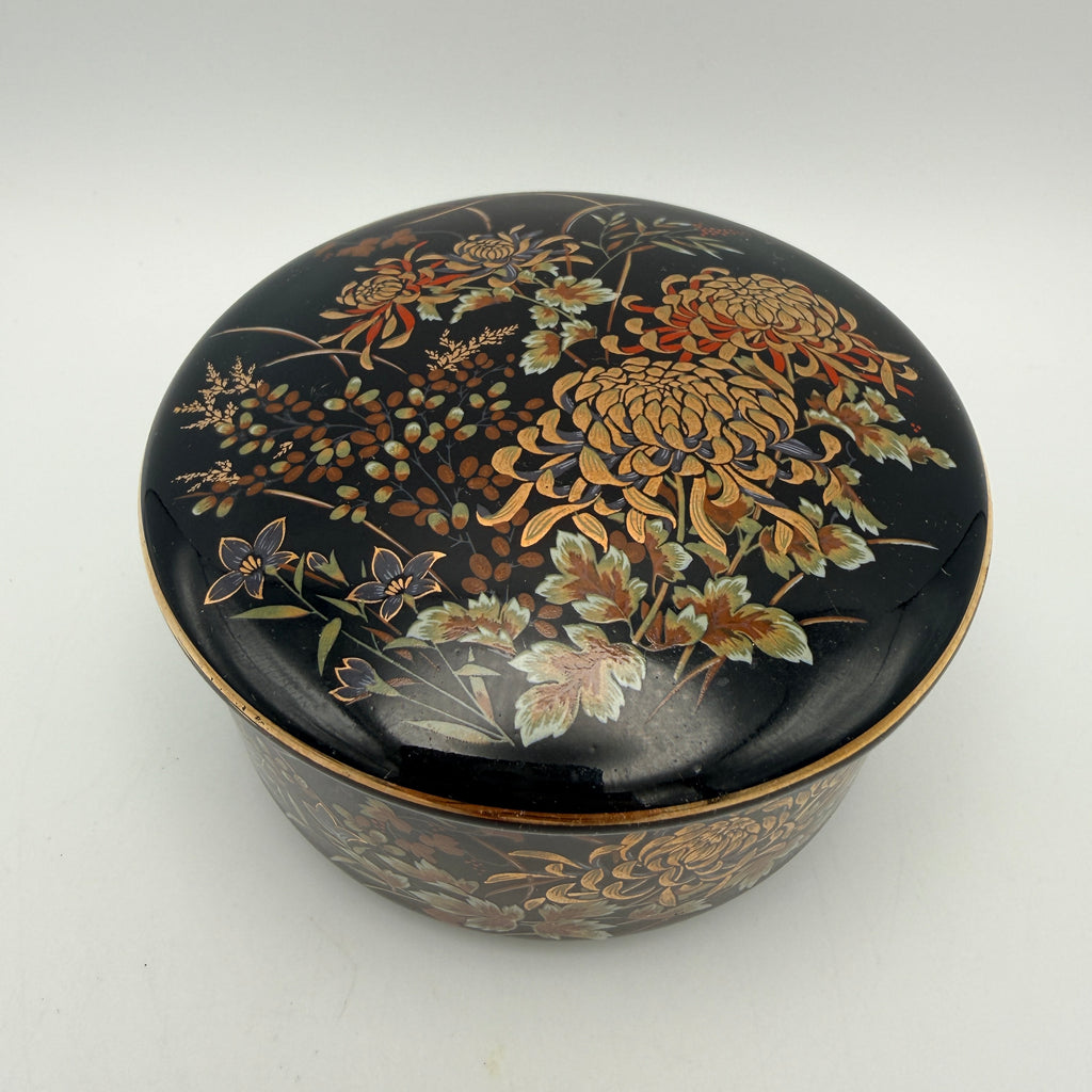 Imperial Kiku Japan Porzellan Dose Schwarz Gold Chrysantheme Vintage 1980 Imperial Kiku